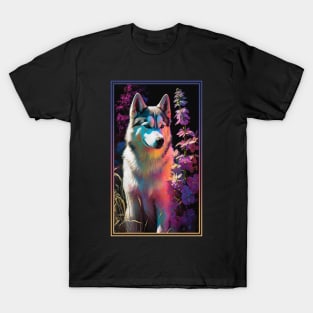 Husky Dog Vibrant Tropical Flower Tall Digital Oil Painting Portrait 3 T-Shirt